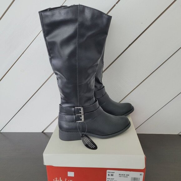 NEW STYLE CO WOMENS MALIAA BUCKLED RIDING BOOTS BLACK 6 - Picture 1 of 10